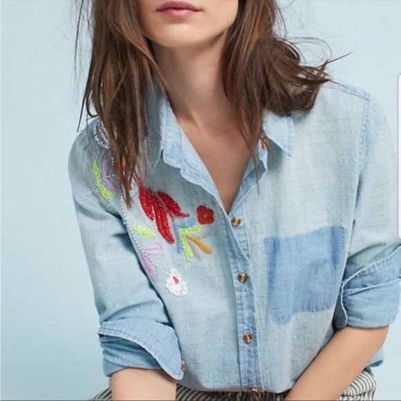 Maeve Tops - Maeve Light Blue Chambray Button-Down Shirt with Multicolor Embroidery